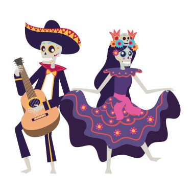 Catrina ve Mariachi kafatasları dans ediyor ve gitar çalıyor.