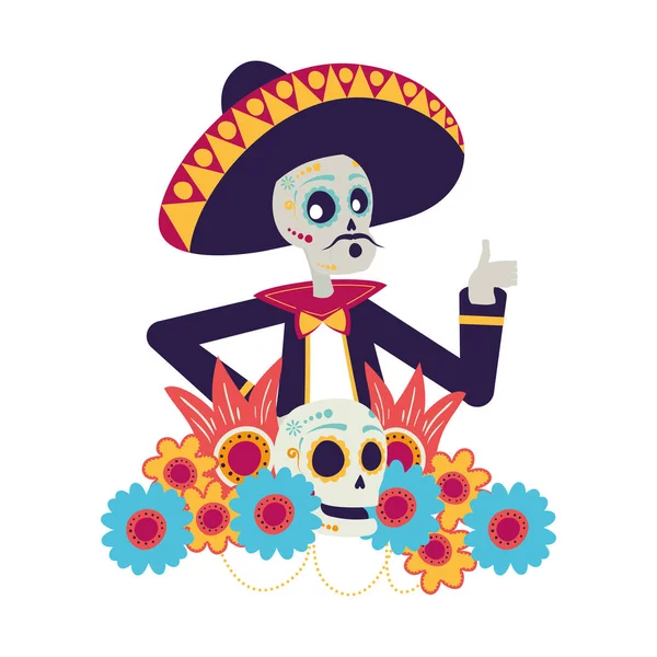 Mariachi skull with floral decoration comic character — Stock Vector
