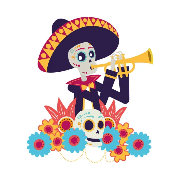 Mariachi skull playing trumpet comic character — Stock Vector