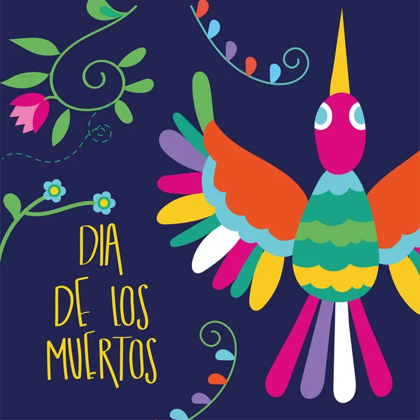 Dia de los muertos lettering cartão com pássaro e flores —  Vetores de Stock