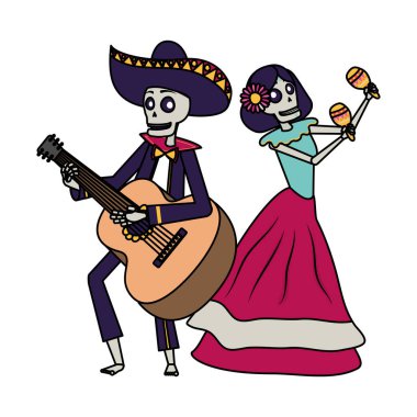 Marakas ve gitar çalan Catrina ve Mariachi kafatasları.