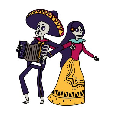 Catrina ve Mariachi akordeon çalan çift karakterler.