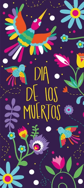 Dia de los muertos kaart met belettering en vogels bloemen decoratie — Stockvector