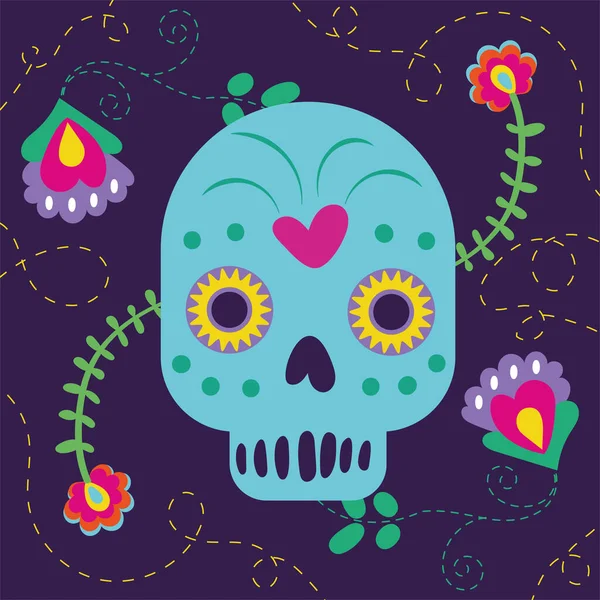 Dia de los muertos-kort med hodeskalle og blomster – stockvektor