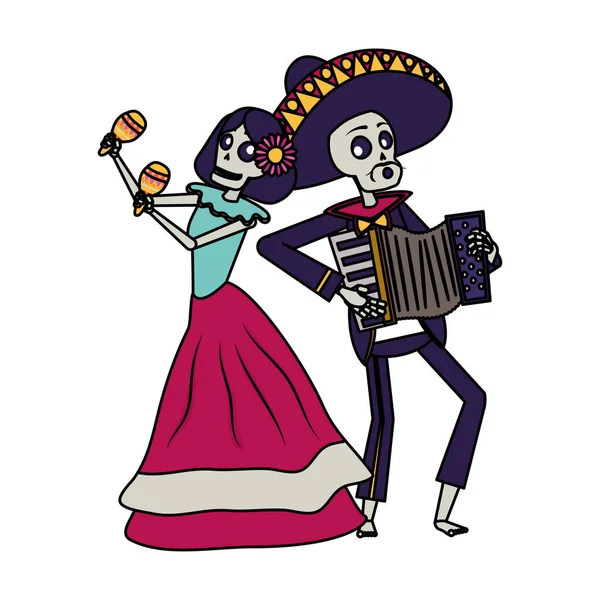 Catrina e mariachi jogando acordeão casal personagens —  Vetores de Stock