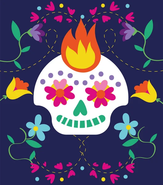 Dia de los muertos κάρτα με κρανίο και λουλούδια — Διανυσματικό Αρχείο