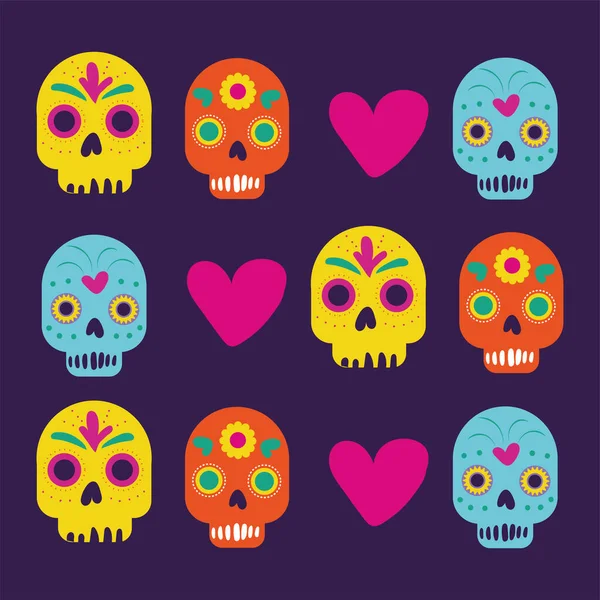 Tarjeta día de los muertos con calaveras y corazón — Vector de stock