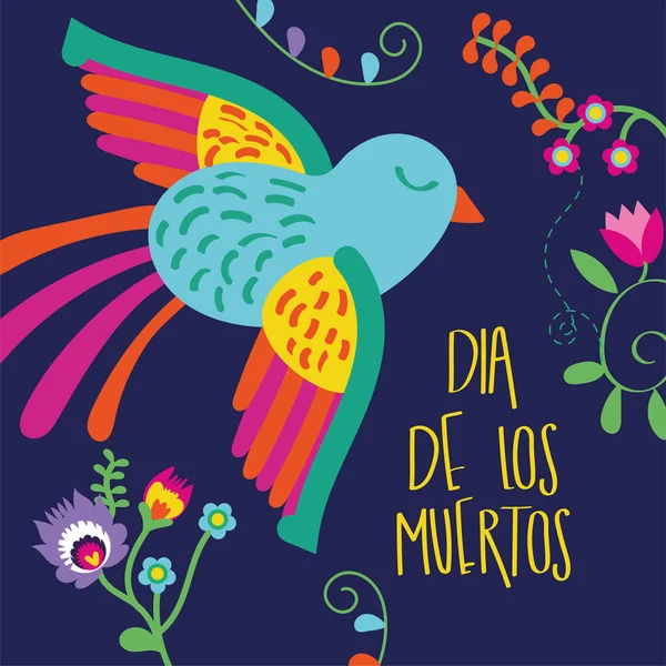 Dia de los muertos kaart belettering met vogel en bloemen — Stockvector