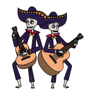 mexican mariachis skulls playing guitars characters clipart