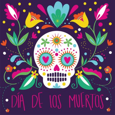 dia de los muertos card with skull and floral decoration clipart