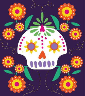 Kafatası ve çiçeklerle dolu bir kart.