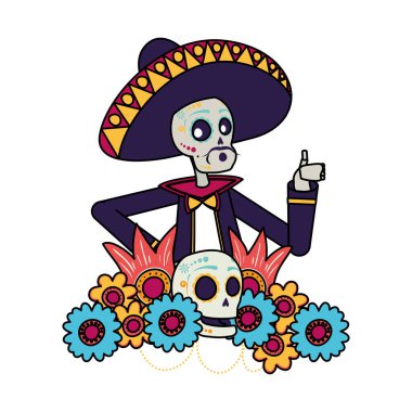 Çiçek desenli komik karakterli mariachi kafatası.