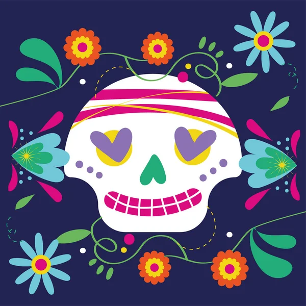 Dia de los muertos kaart met schedel en bloemen — Stockvector