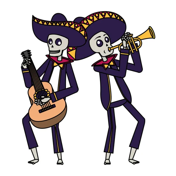 Crânios de mariachis mexicanos tocando guitarra e trompete —  Vetores de Stock