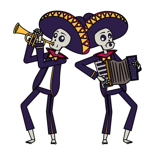 Crânes de mariachis mexicains jouant de la trompette et de l'accordéon — Image vectorielle