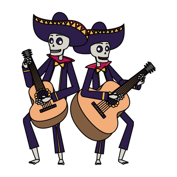 Mexicaanse mariachis schedels spelen gitaar personages — Stockvector