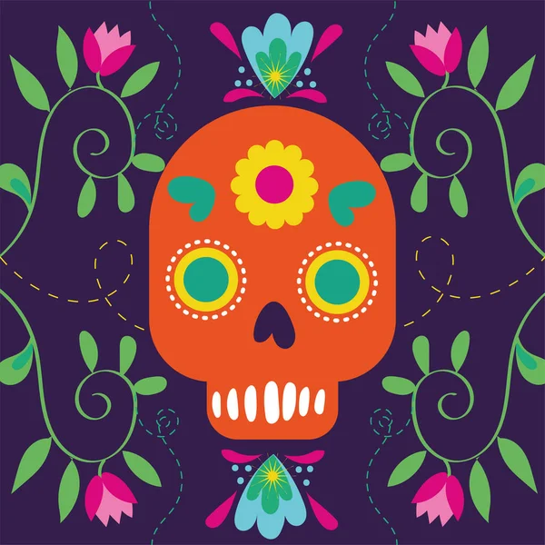 Tarjeta día de los muertos con cráneo y flores — Vector de stock