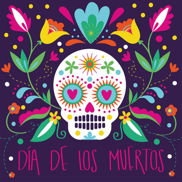 dia de los muertos card with skull and floral decoration