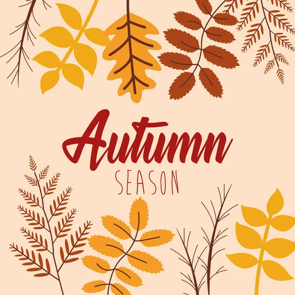 Hello autumn season leafs and calligraphy — Stock Vector