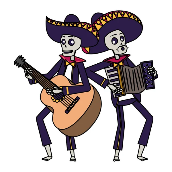 Crânes de mariachis mexicains jouant de la guitare et de l'accordéon — Image vectorielle