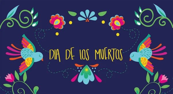 Dia de los muertos lettering cartão com pássaros e flores —  Vetores de Stock