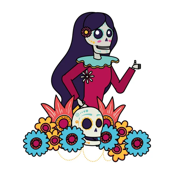 Katrina calavera con decoración floral del cabello carácter cómico — Archivo Imágenes Vectoriales