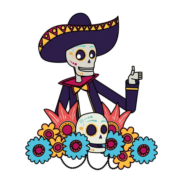 Mariachi crâne avec décoration florale caractère comique — Image vectorielle