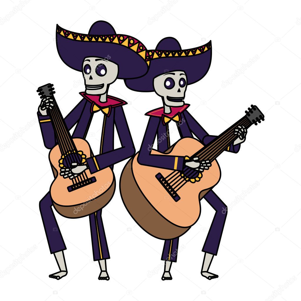 mexican mariachis skulls playing guitars characters