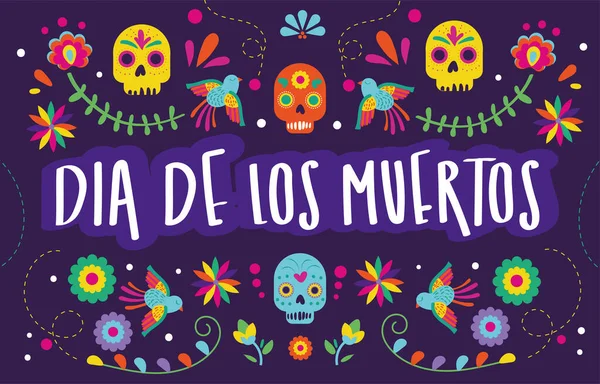 Dia de los muertos cartão com caligrafia e crânios decoração floral —  Vetores de Stock