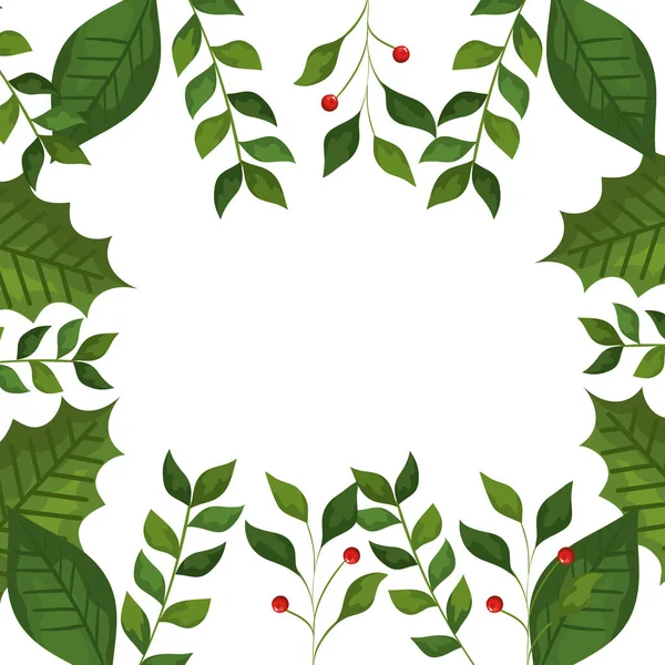 Cadre de feuilles et de branches avec des graines icônes de Noël — Image vectorielle