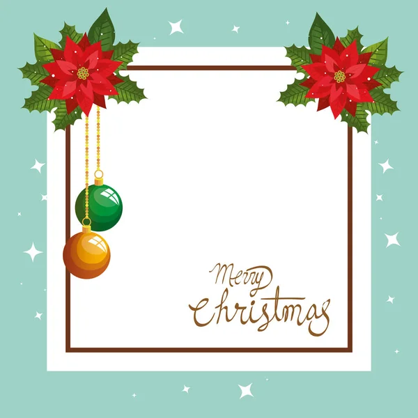 Feliz tarjeta de Navidad con decoración de flores y marco cuadrado — Vector de stock