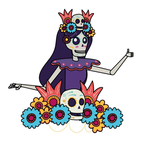 Katrina calavera con decoración floral del cabello carácter cómico — Vector de stock