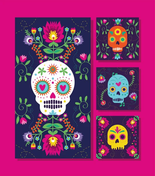 Tarjetas dia de los muertos con calaveras y flores — Vector de stock