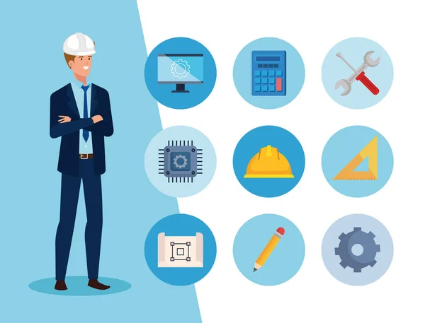 Engineer man with set icons working — Stock Vector