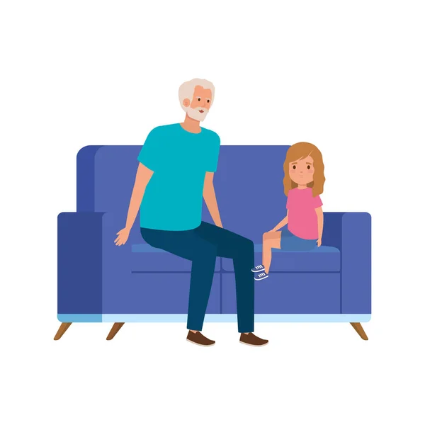 Avô com neta sentado no sofá — Vetor de Stock