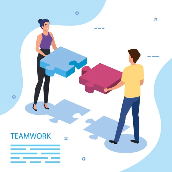 Werk team paar met puzzelstukjes — Stockvector