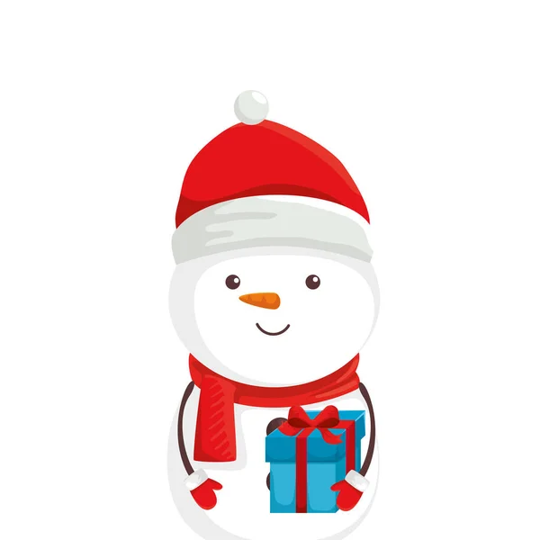 Joyeux personnage de bonhomme de neige de Noël avec boîte cadeau — Image vectorielle