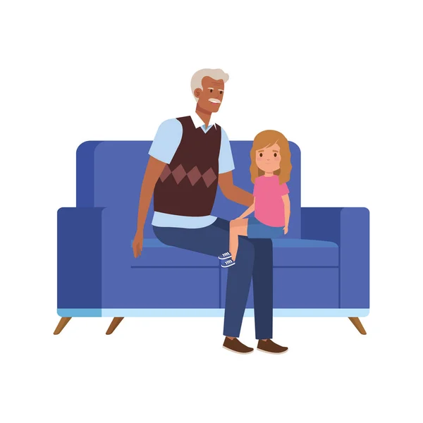 Grand-père avec petite-fille assise dans le canapé — Image vectorielle