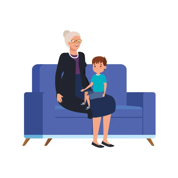 Avó com neto sentado no sofá — Vetor de Stock