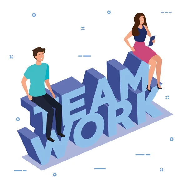 Work team couple sitting in lettering — Stock Vector