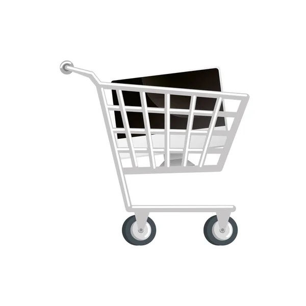 Cart shopping with computer isolated icon — Stock Vector