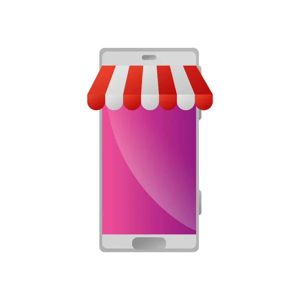 Smartphone con parasol tienda icono aislado — Vector de stock