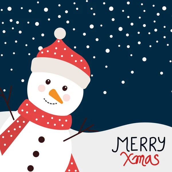 Alegre cartaz de Natal com boneco de neve na paisagem de inverno —  Vetores de Stock
