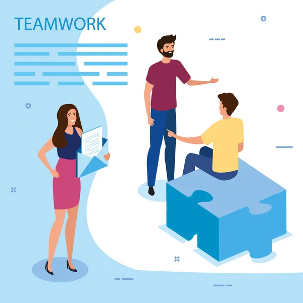 Work team group with puzzle piece and envelope — Stock Vector