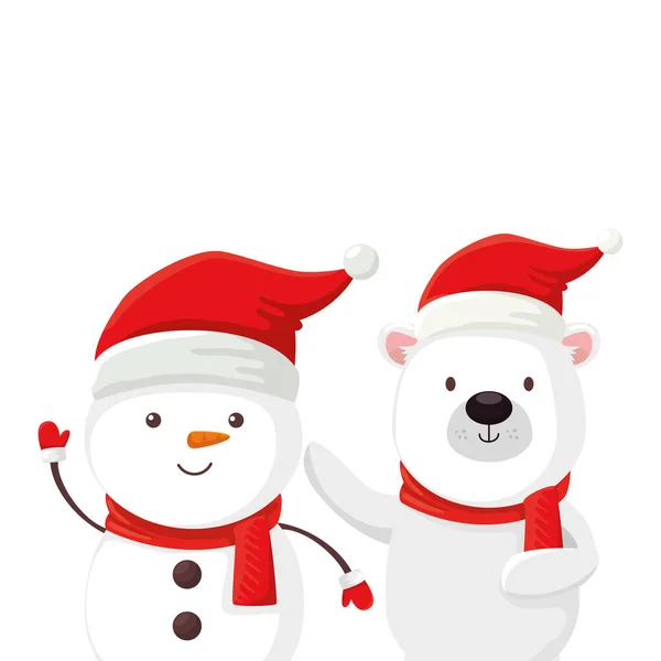 Ours mignon et personnages bonhomme de neige joyeux Noël — Image vectorielle