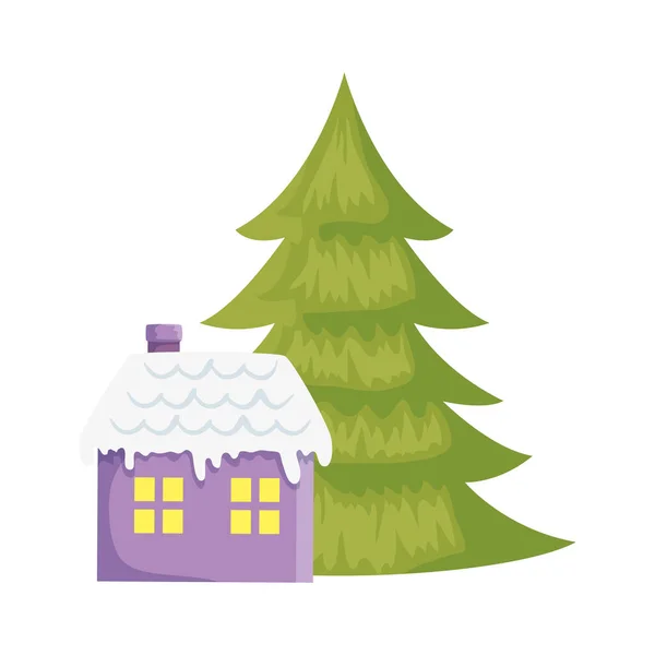 Casa con nieve y pino icono de Navidad aislado — Vector de stock