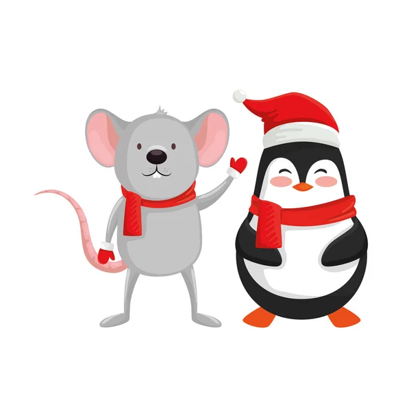 Muis met pinguïn karakters van vrolijk kerstmis — Stockvector