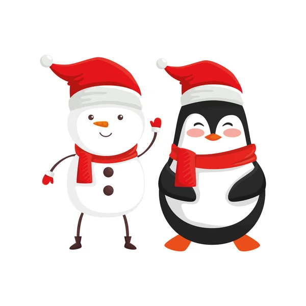 Χιονάνθρωπος με πιγκουίνους χαρακτήρες των εύθυμων Χριστουγέννων — Διανυσματικό Αρχείο