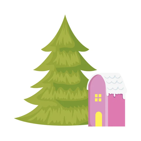 House with snow and pine tree christmas isolated icon — Stock Vector