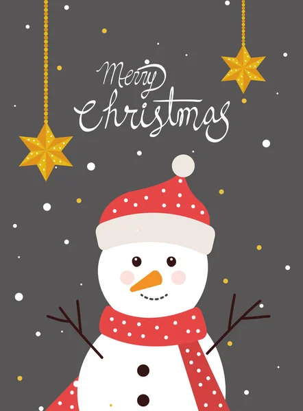 Merry christmas poster with snowman in winter landscape — Stock Vector